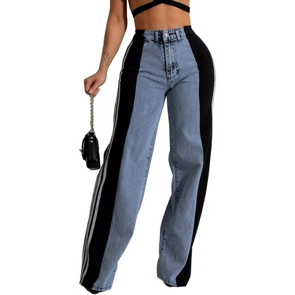 Women's High Waisted Stretchy Wide Leg Jeans Two Tone Casual Y2K Style